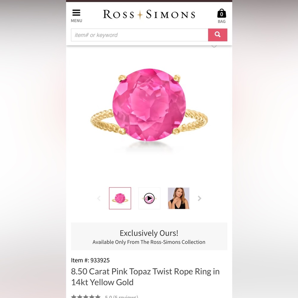 Pink topaz 8.50 carat 14 kt gold ring Ross Simons size 5